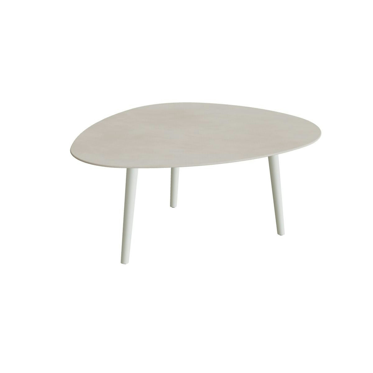 Royal Botania Styletto Loungetisch niedrig Plektrum 150 cm – Alu weiß · Keramik zementgrau (Cemento Luminoso)