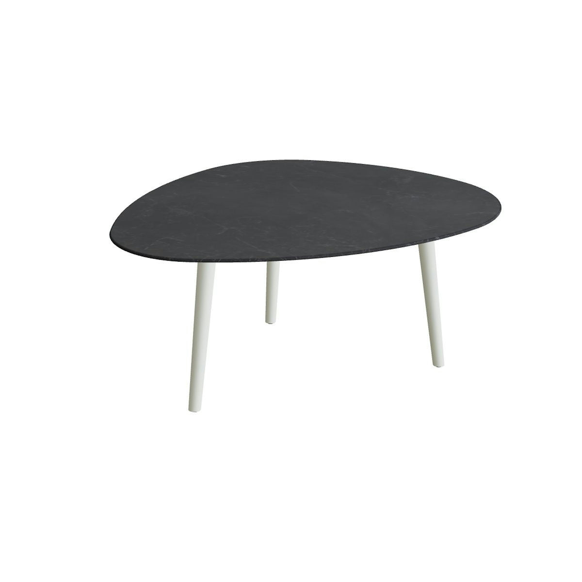 Royal Botania Styletto Loungetisch niedrig Plektrum 150 cm – Alu weiß · Keramik schwarz geädert (Nero Marquina)