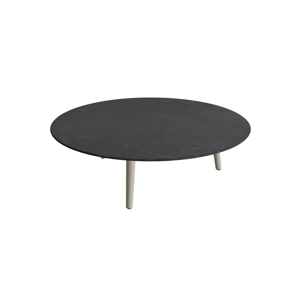 Royal Botania Styletto Loungetisch niedrig rund 120 cm – Alu pebble · Keramik schwarz geädert (Nero Marquina)