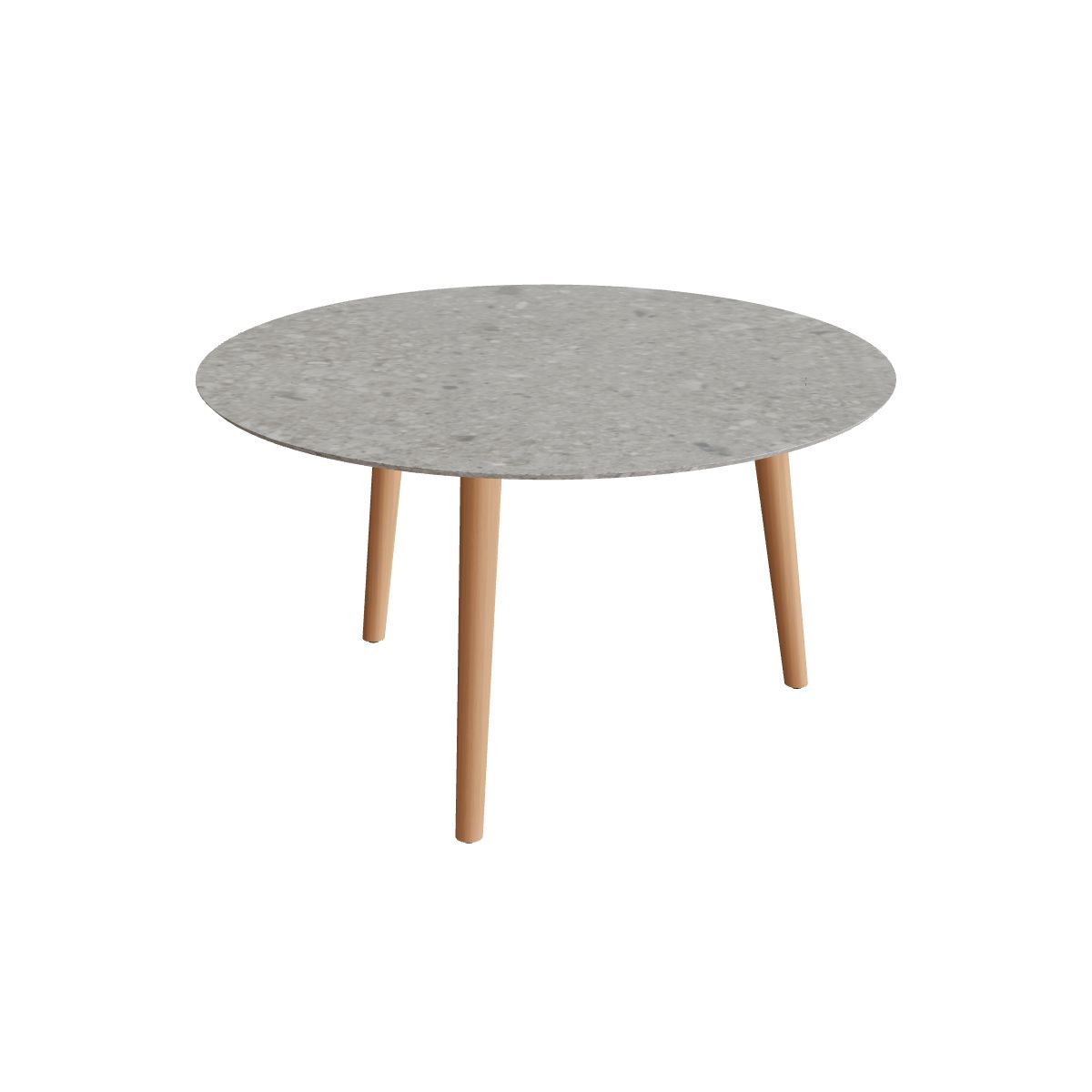 Royal Botania Styletto Low-Dining-Tisch rund 120 cm, Teakbeine, Keramik grau gemustert (Ceppo Dolomitica)
