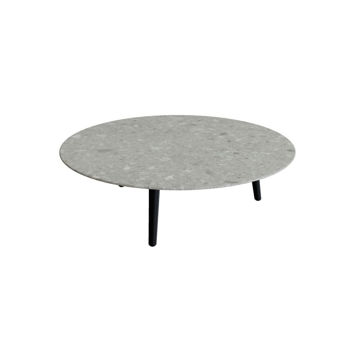 Royal Botania Styletto Loungetisch niedrig rund 120 cm – Alu anthrazit · Keramik grau gemustert (Ceppo Dolomitica)
