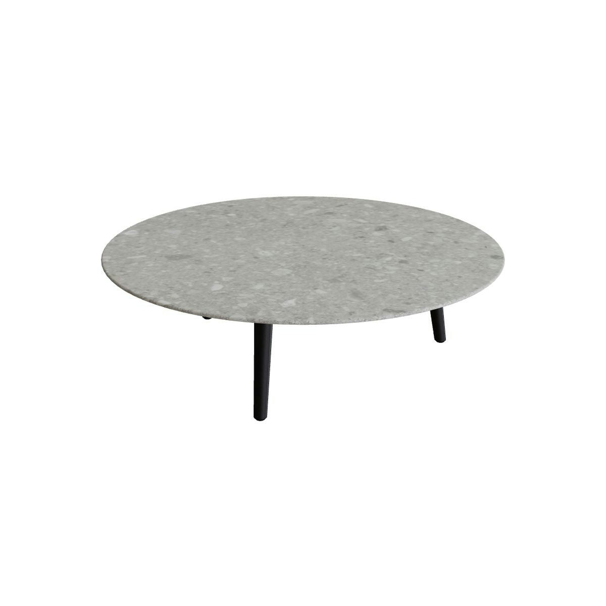 Royal Botania Styletto Loungetisch niedrig rund 120 cm – Alu bronze · Keramik grau gemustert (Ceppo Dolomitica)