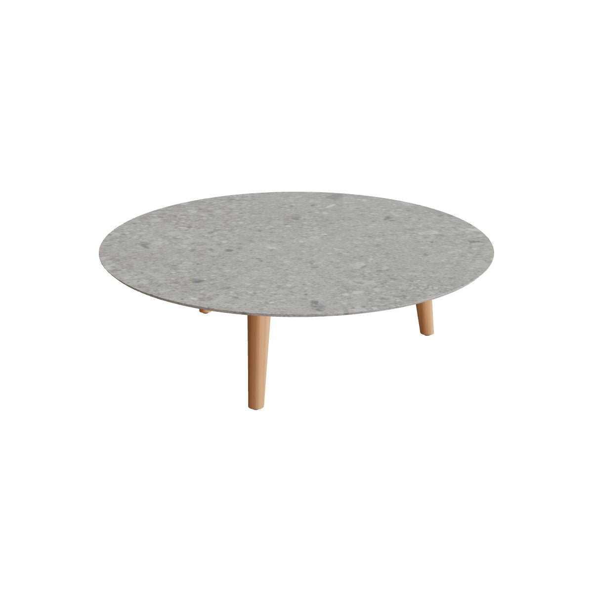 Royal Botania Styletto Loungetisch niedrig rund 120 cm, Teakbeine, Keramik grau gemustert (Ceppo Dolomitica)