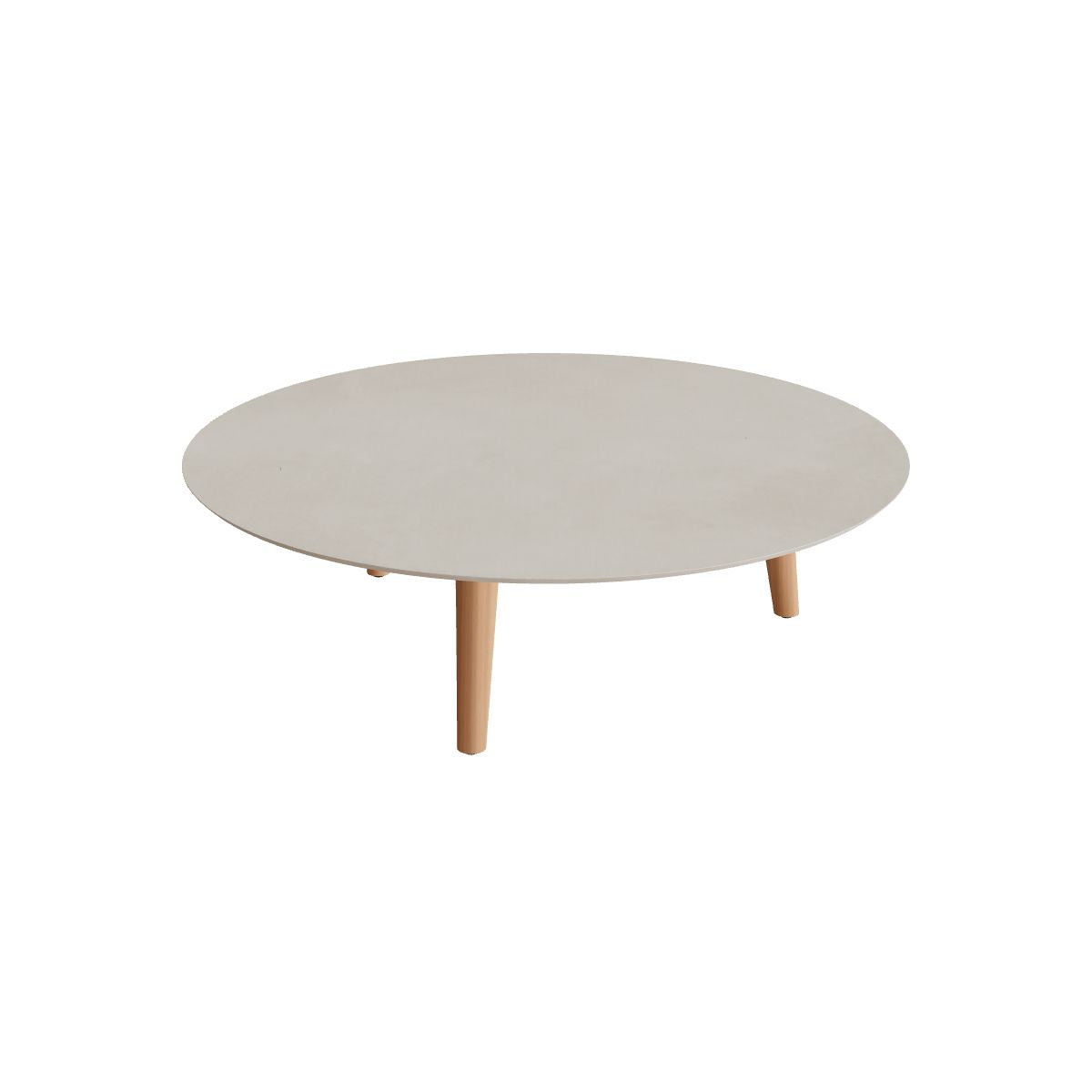 Royal Botania Styletto Loungetisch niedrig rund 120 cm, Teakbeine, Keramik zementgrau (Cemento Luminoso)