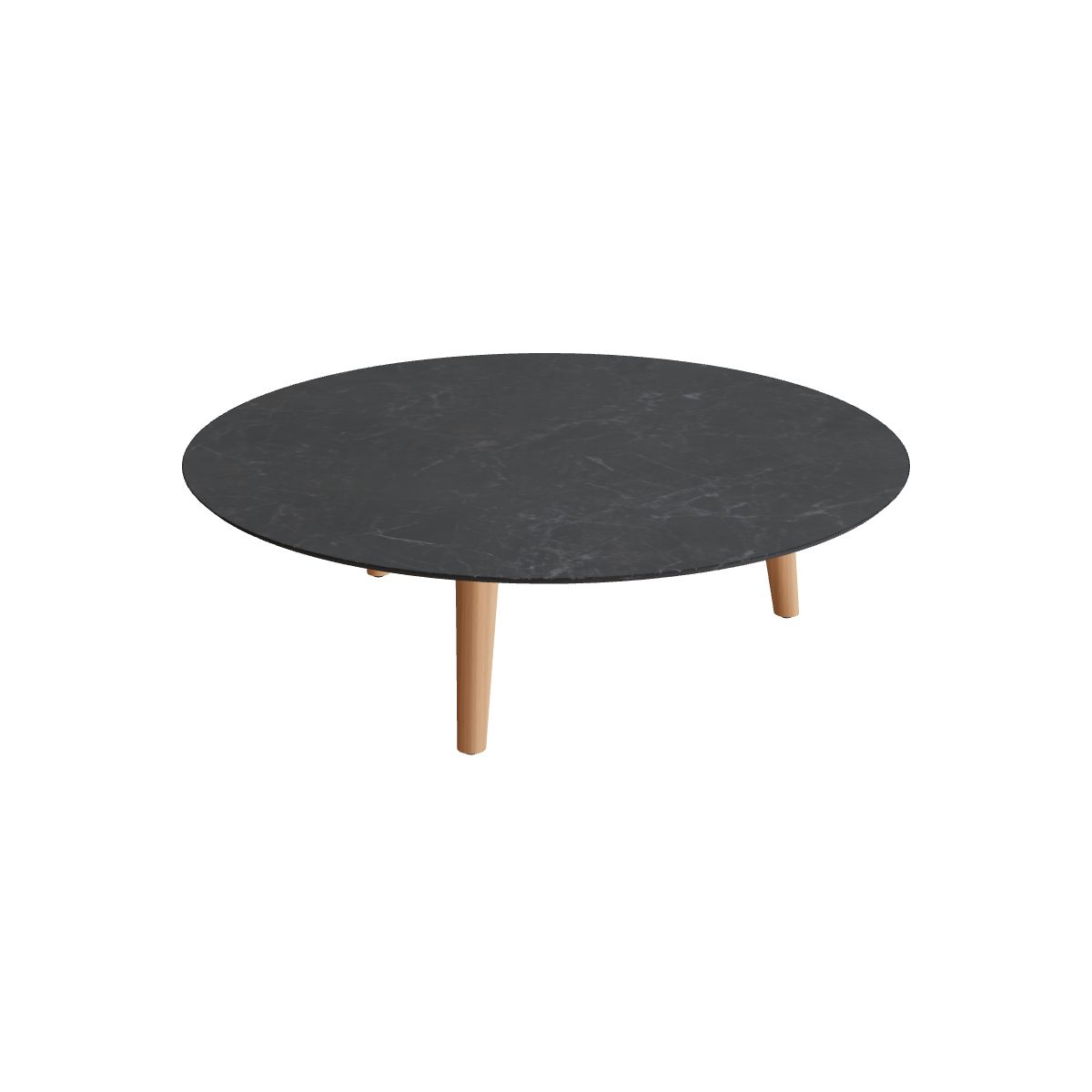 Royal Botania Styletto Loungetisch niedrig rund 120 cm, Teakbeine, Keramik schwarz geädert (Nero Marquina)