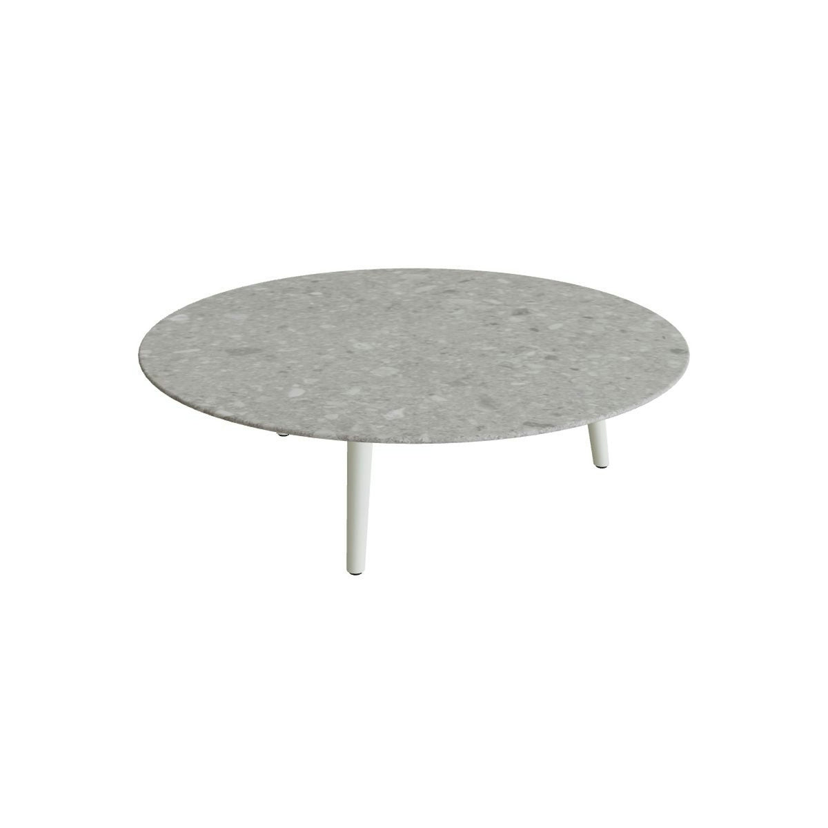 Royal Botania Styletto Loungetisch niedrig rund 120 cm – Alu weiß · Keramik grau gemustert (Ceppo Dolomitica)