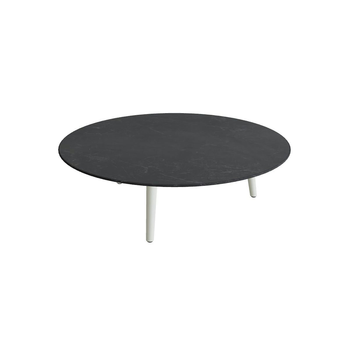 Royal Botania Styletto Loungetisch niedrig rund 120 cm – Alu weiß · Keramik schwarz geädert (Nero Marquina)