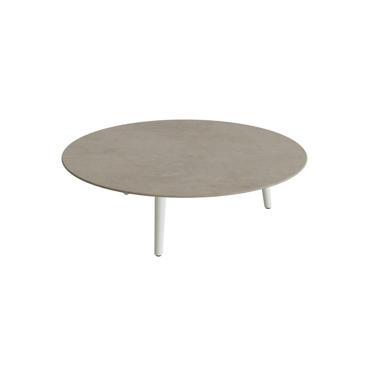 Royal Botania Styletto Loungetisch niedrig rund 120 cm – Alu weiß · Keramik graubraun (Terra Sabbia)