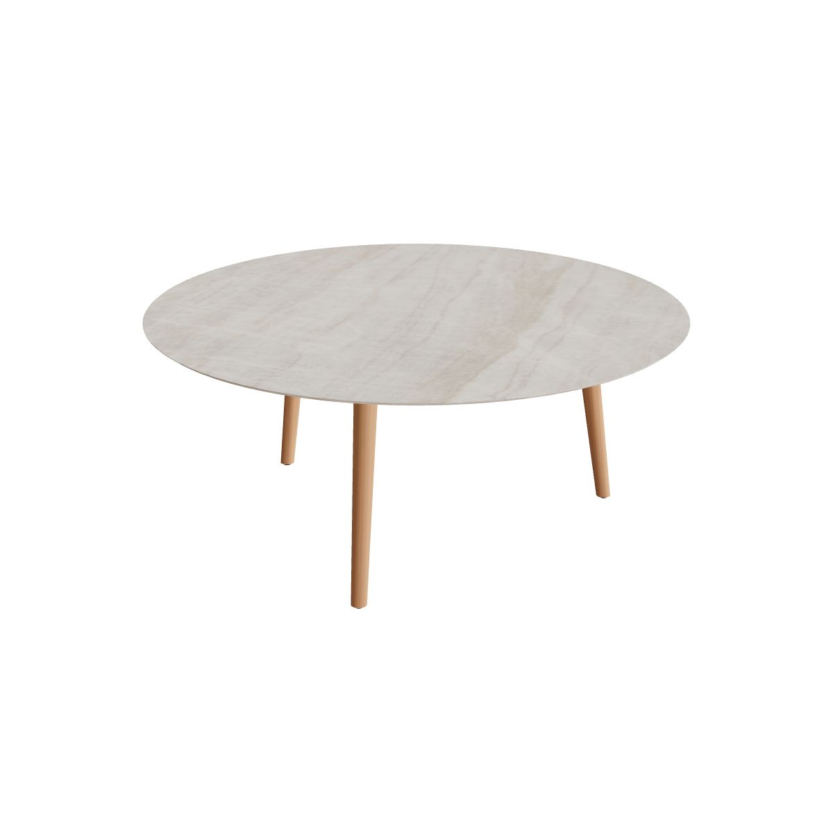 Royal Botania Styletto Low-Dining-Tisch rund 160 cm, Teakbeine, Keramik grau-braun geädert (Strato Quartz)