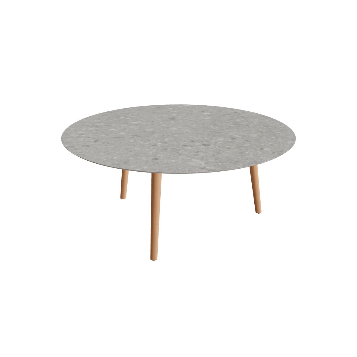 Royal Botania Styletto Low-Dining-Tisch rund 160 cm, Teakbeine, Keramik grau gemustert (Ceppo Dolomitica)