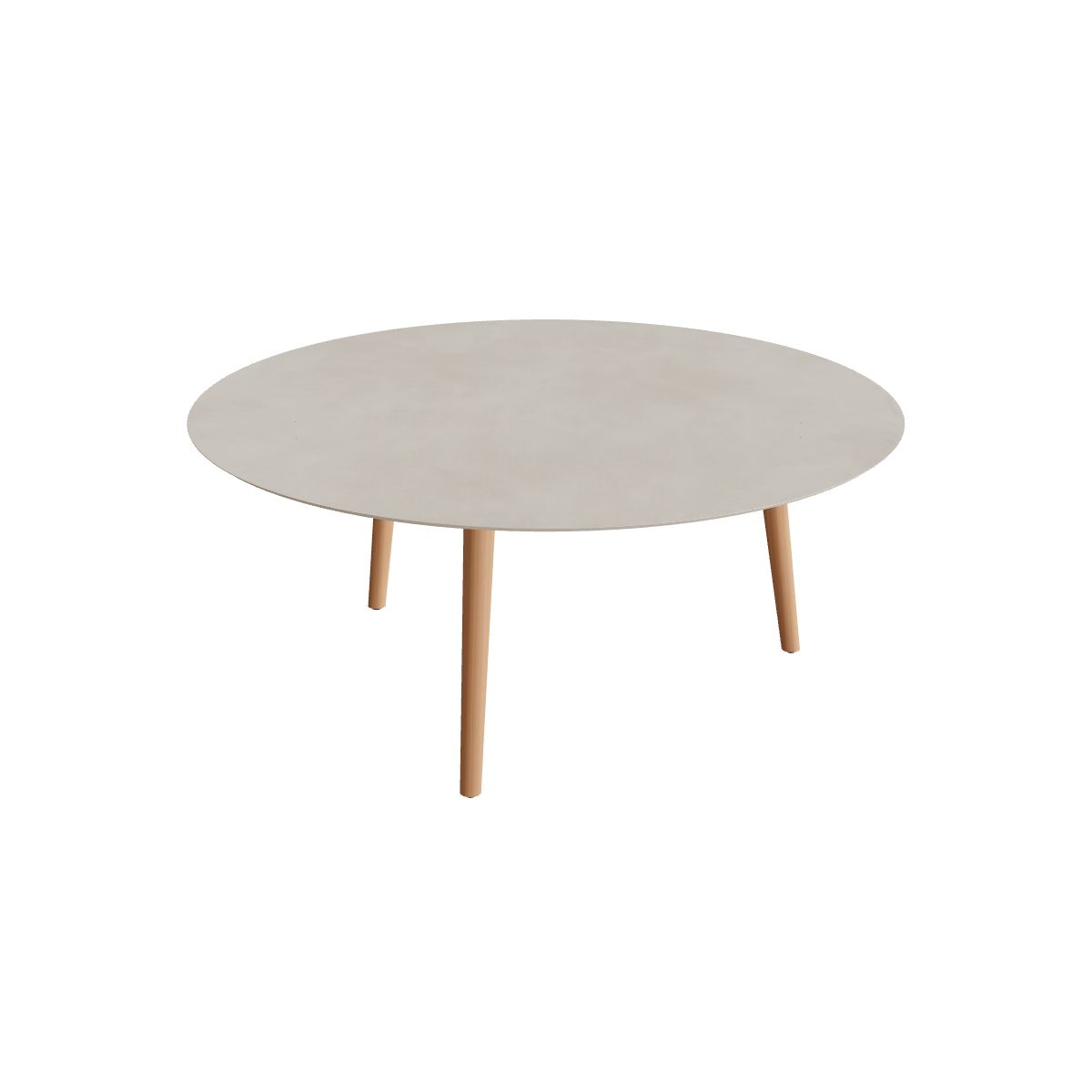 Royal Botania Styletto Low-Dining-Tisch rund 160 cm, Teakbeine, Keramik zementgrau (Cemento Luminoso)