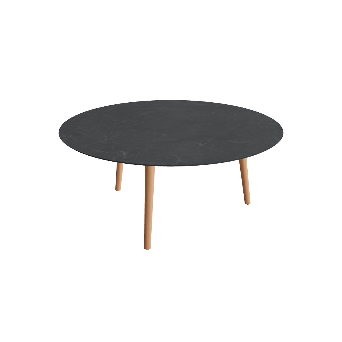Royal Botania Styletto Low-Dining-Tisch rund 160 cm, Teakbeine, Keramik schwarz geädert (Nero Marquina)