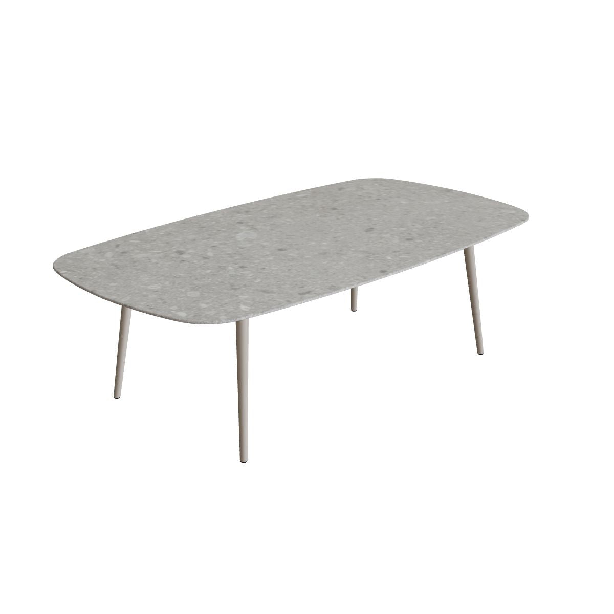 Royal Botania Styletto Low-Dining-Tisch oval 220 x 120 cm, Alu pebble, Keramik grau gemustert (Ceppo Dolomitica)