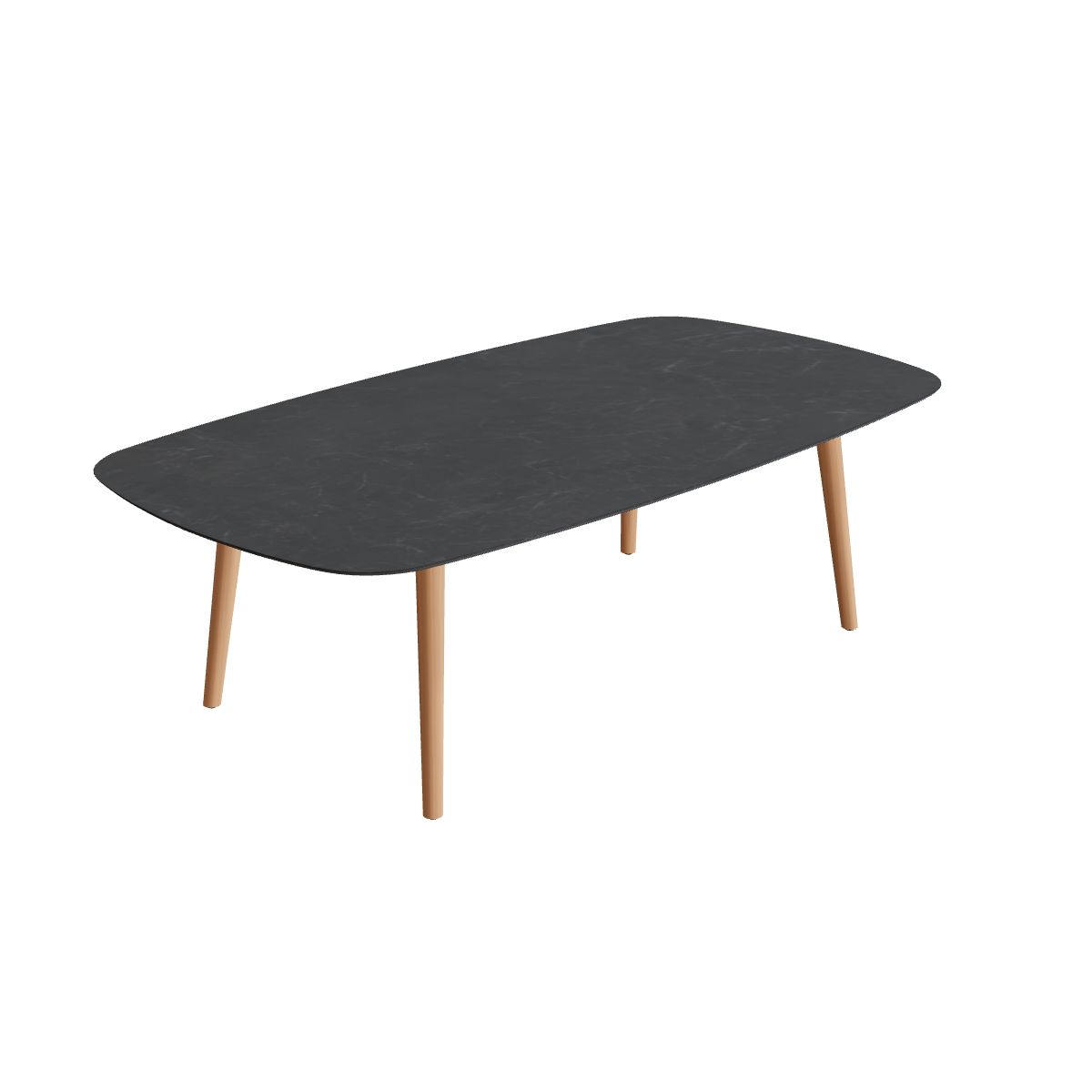 Royal Botania Styletto Low-Dining-Tisch oval 220 x 120 cm, Teakbeine, Keramik schwarz geädert (Nero Marquina)
