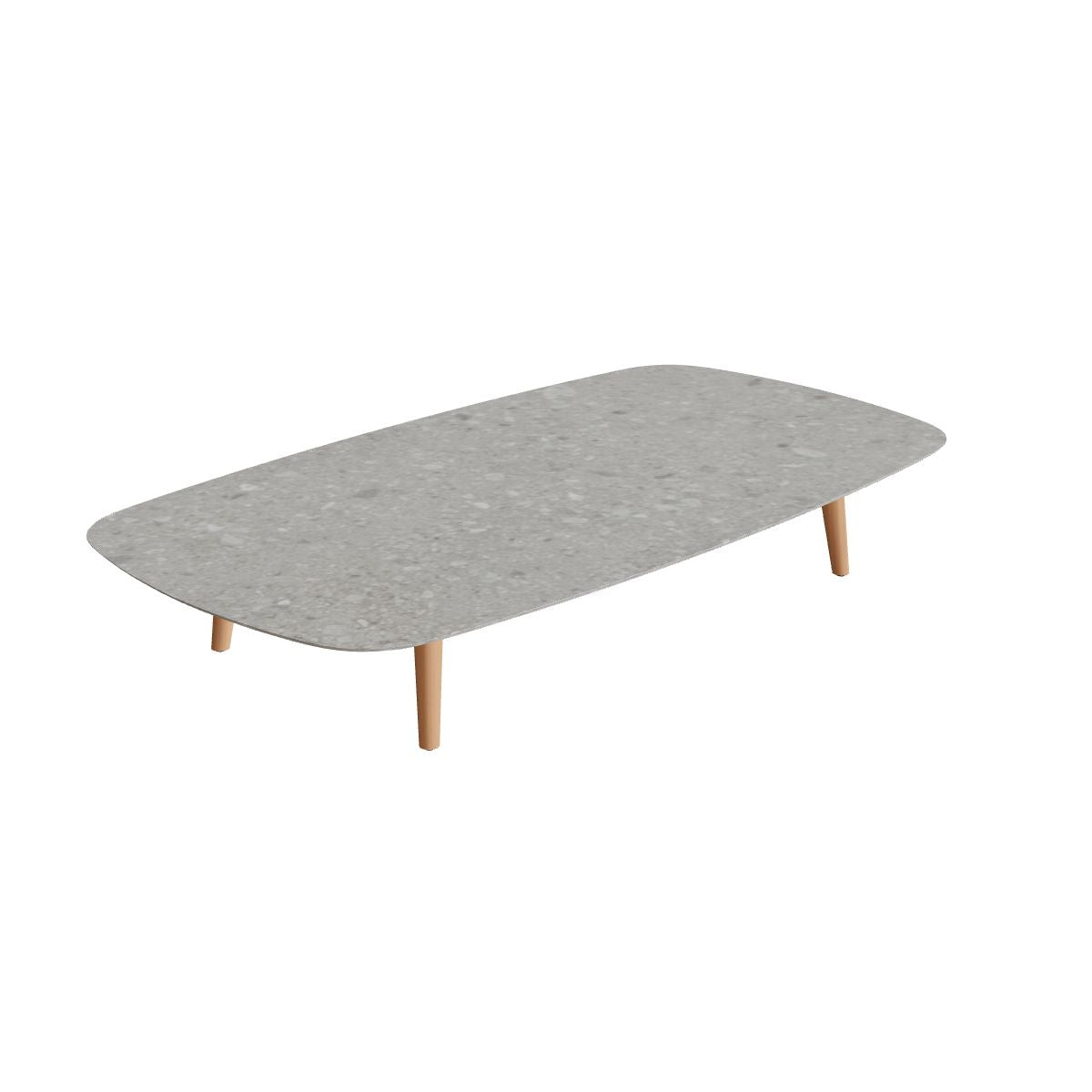 Royal Botania Styletto Loungetisch niedrig oval 220 x 120 cm, Teakbeine, Keramik grau gemustert (Ceppo Dolomitica)