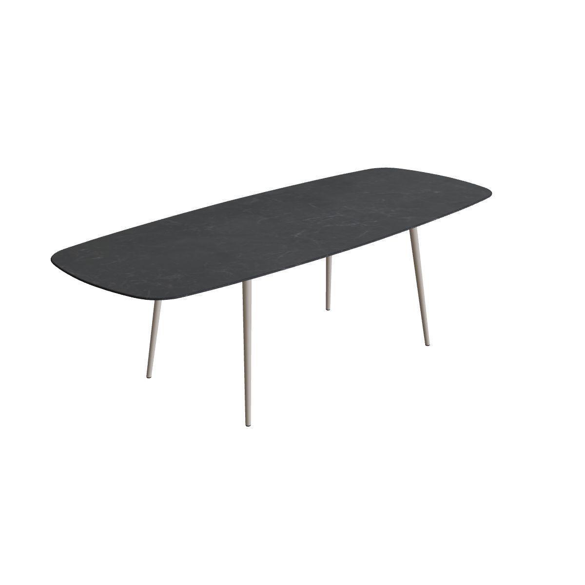 Royal Botania Styletto Thekentisch oval 300 x 120 cm, Alu pebble, Keramik schwarz geädert (Nero Marquina)