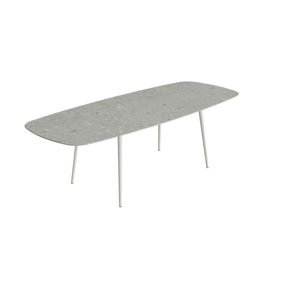 Royal Botania Styletto Thekentisch oval 300 x 120 cm – Alu weiß · Keramik grau gemustert (Ceppo Dolomitica)