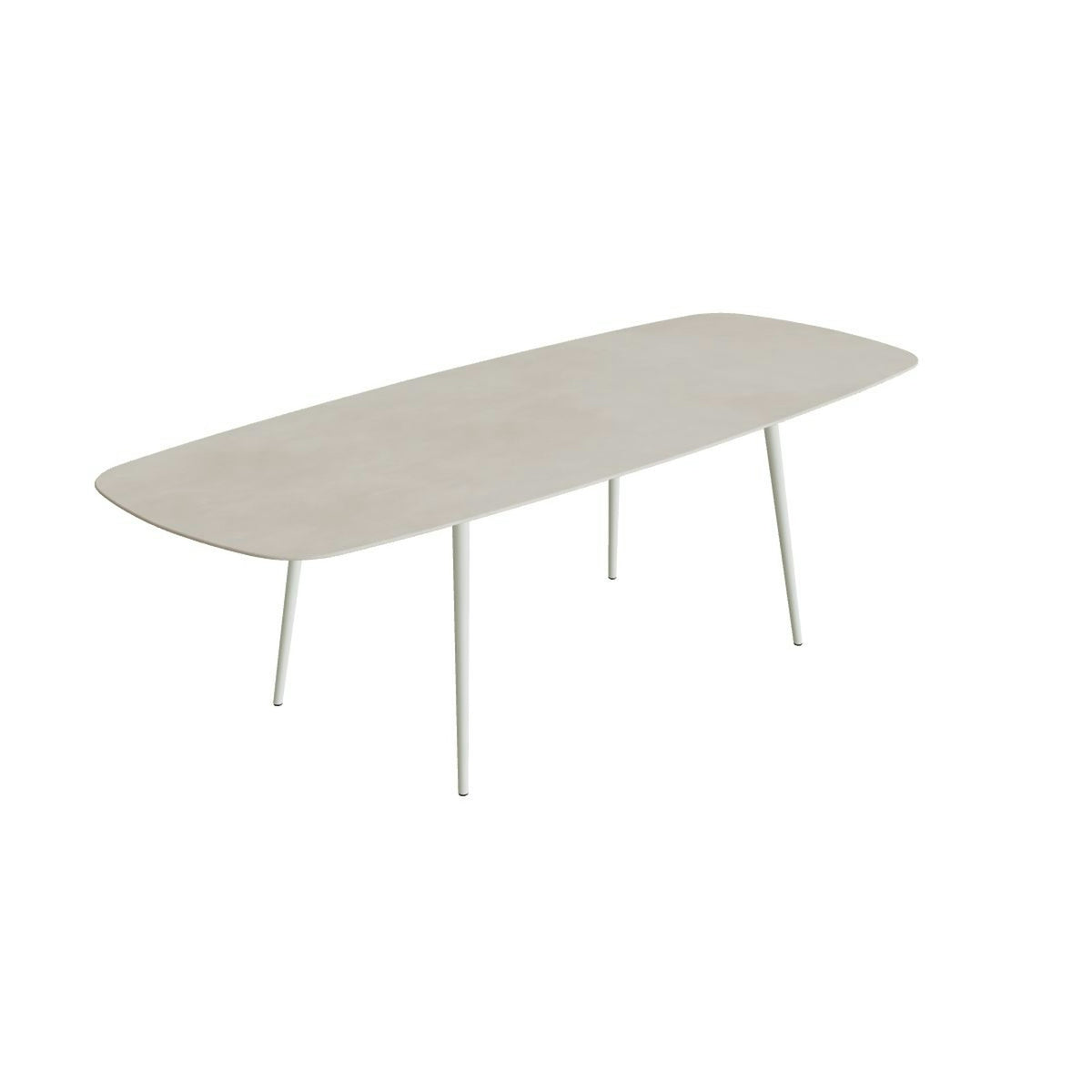 Royal Botania Styletto Thekentisch oval 300 x 120 cm – Alu weiß · Keramik zementgrau (Cemento Luminoso)