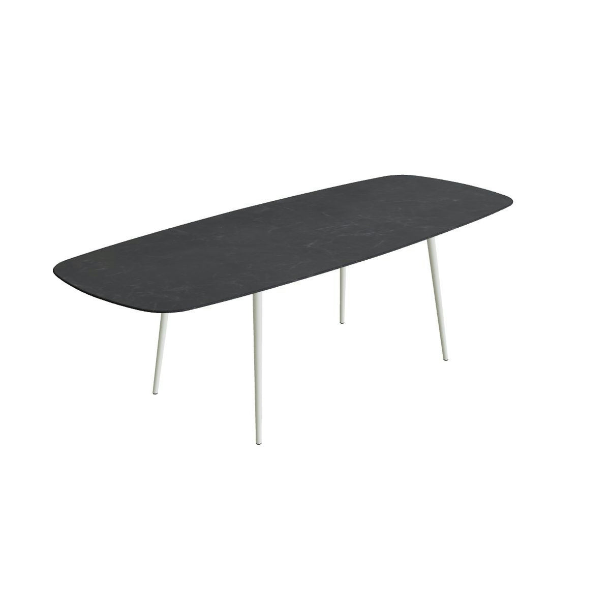 Royal Botania Styletto Thekentisch oval 300 x 120 cm – Alu weiß · Keramik schwarz geädert (Nero Marquina)