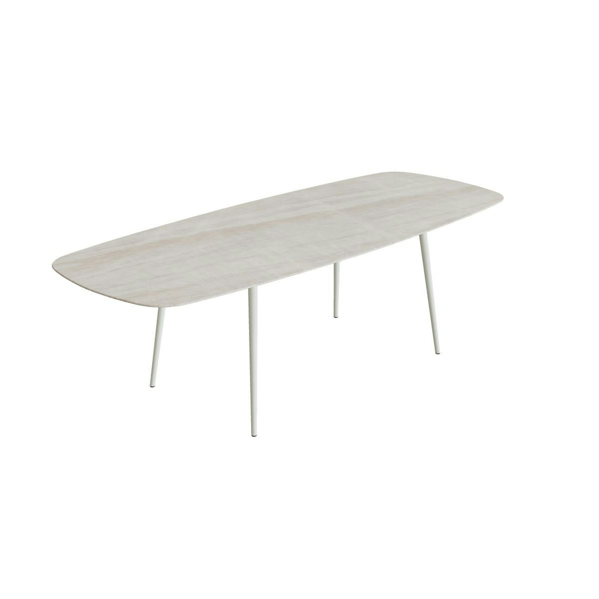 Royal Botania Styletto Thekentisch oval 300 x 120 cm – Alu weiß · Keramik grau-braun geädert (Strato Quartz)