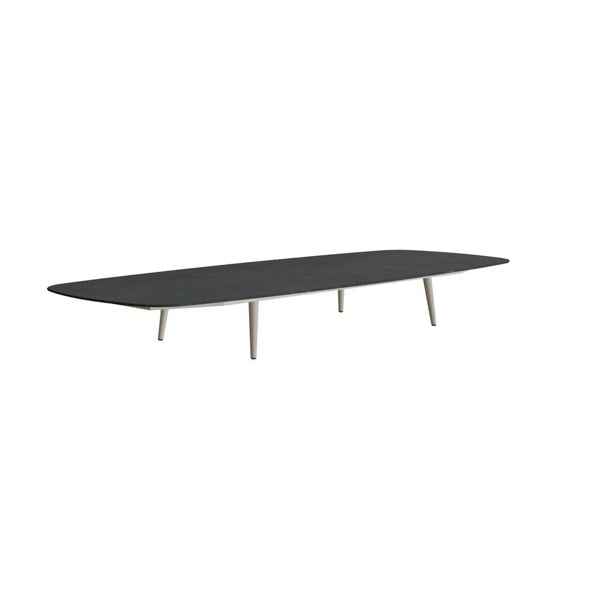 Royal Botania Styletto Loungetisch niedrig oval 300 x 120 cm – Alu pebble · Keramik schwarz geädert (Nero Marquina)