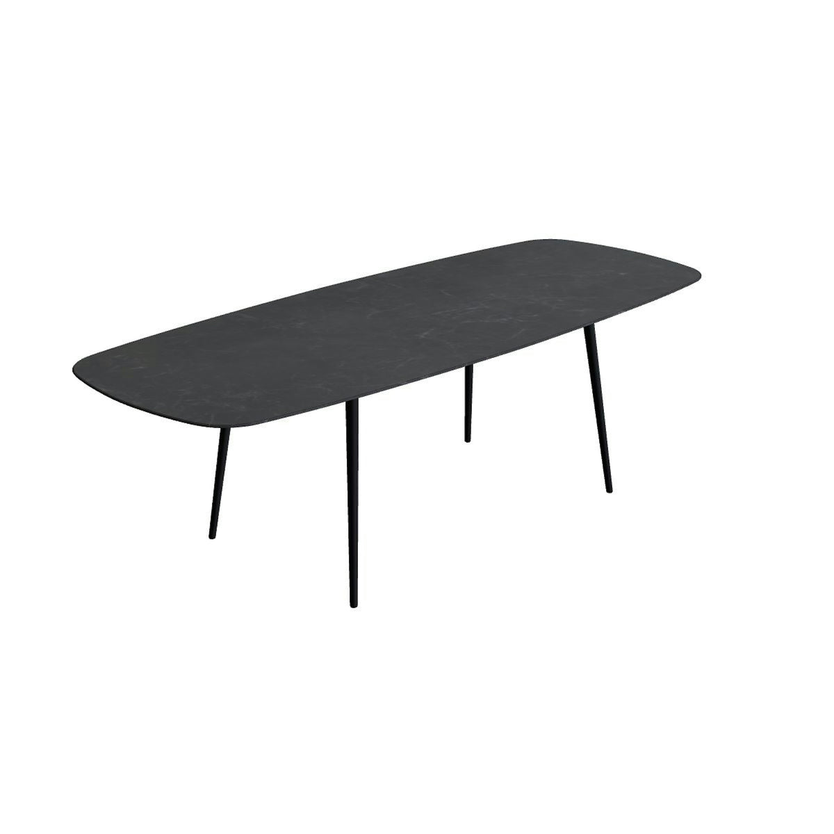 Royal Botania Styletto Thekentisch oval 300 x 120 cm – Alu anthrazit · Keramik schwarz geädert (Nero Marquina)