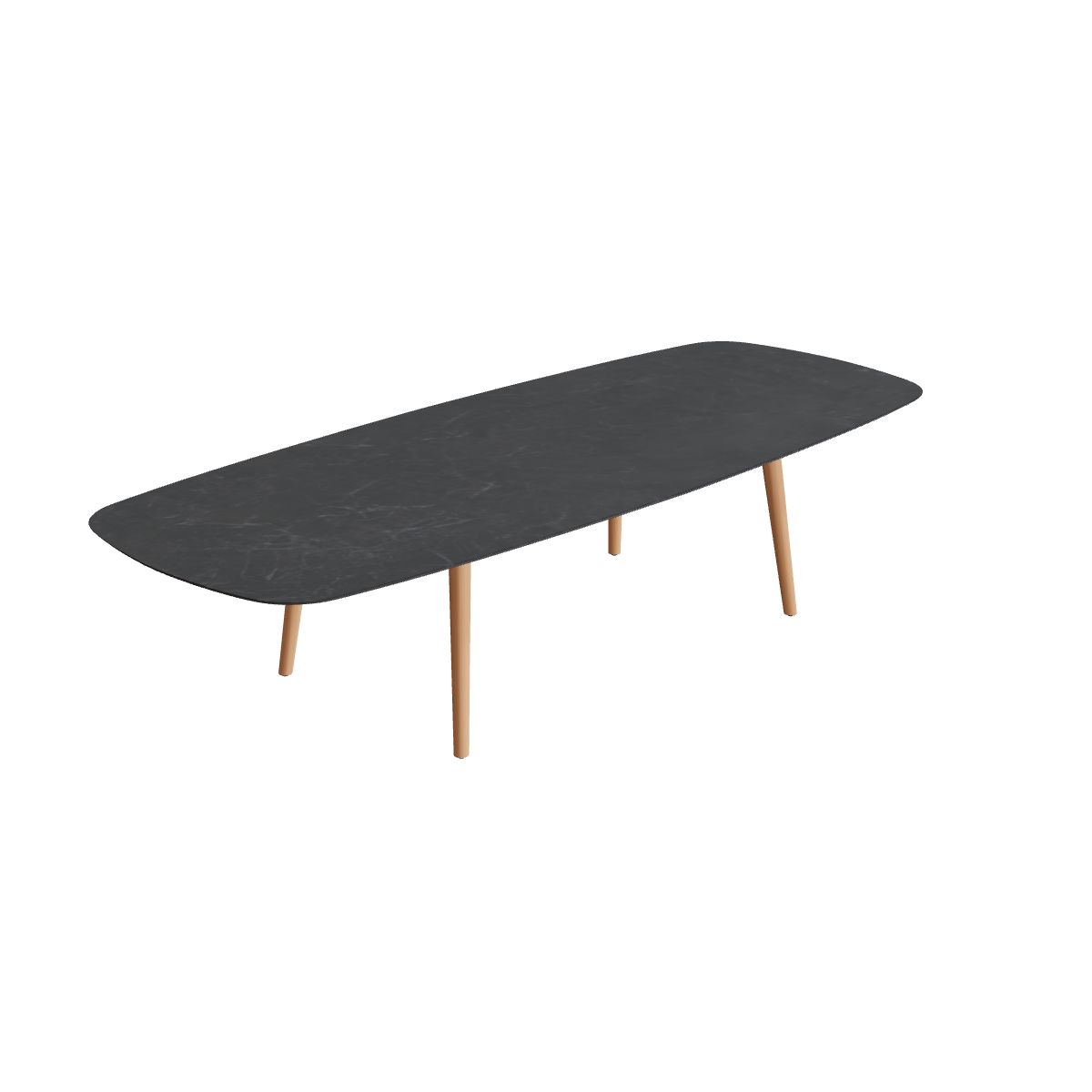 Royal Botania Styletto Low-Dining-Tisch oval 300 x 120 cm, Teakbeine, Keramik schwarz geädert (Nero Marquina)