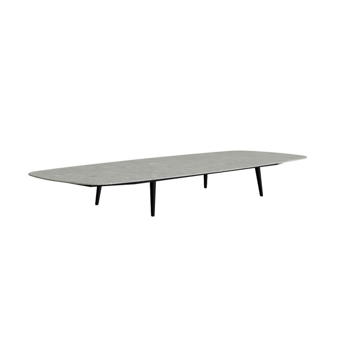 Royal Botania Styletto Loungetisch niedrig oval 300 x 120 cm – Alu anthrazit · Keramik grau gemustert (Ceppo Dolomitica)