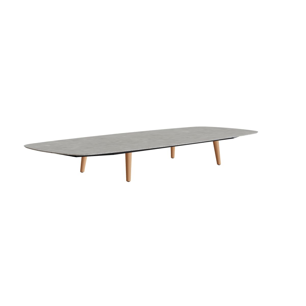 Royal Botania Styletto Loungetisch niedrig oval 300 x 120 cm, Teakbeine, Keramik grau gemustert (Ceppo Dolomitica)