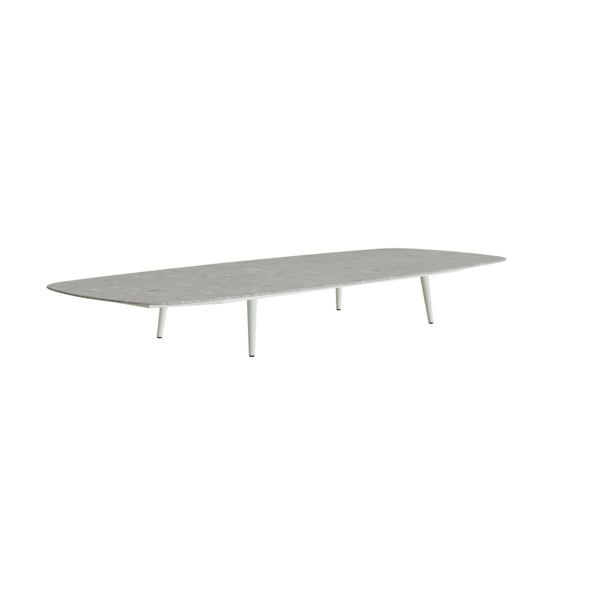Royal Botania Styletto Loungetisch niedrig oval 300 x 120 cm – Alu weiß · Keramik grau gemustert (Ceppo Dolomitica)