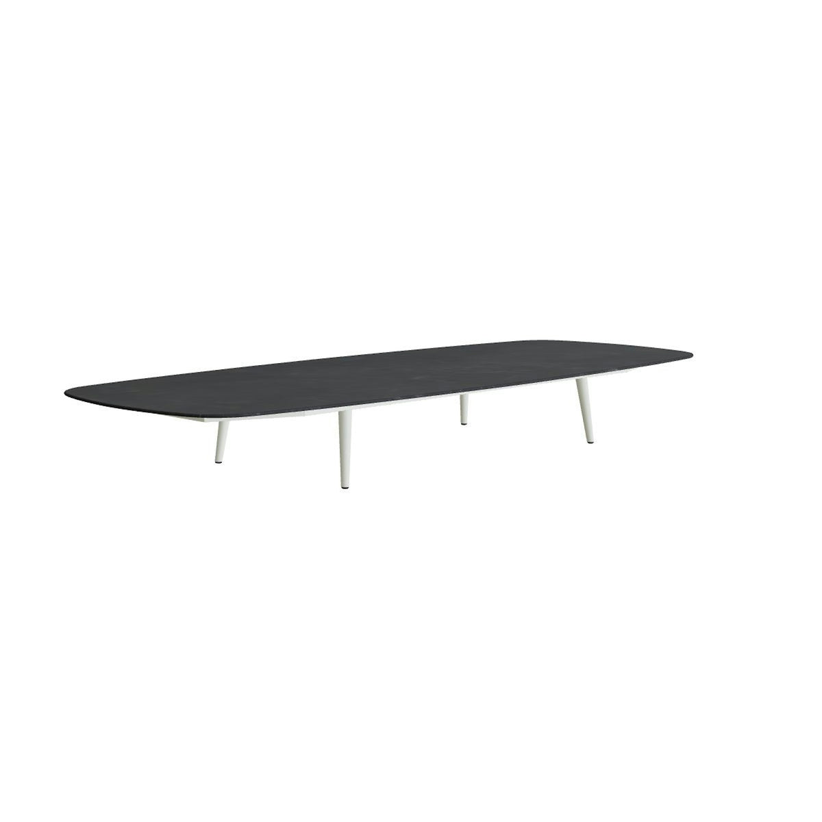 Royal Botania Styletto Loungetisch niedrig oval 300 x 120 cm – Alu weiß · Keramik schwarz geädert (Nero Marquina)