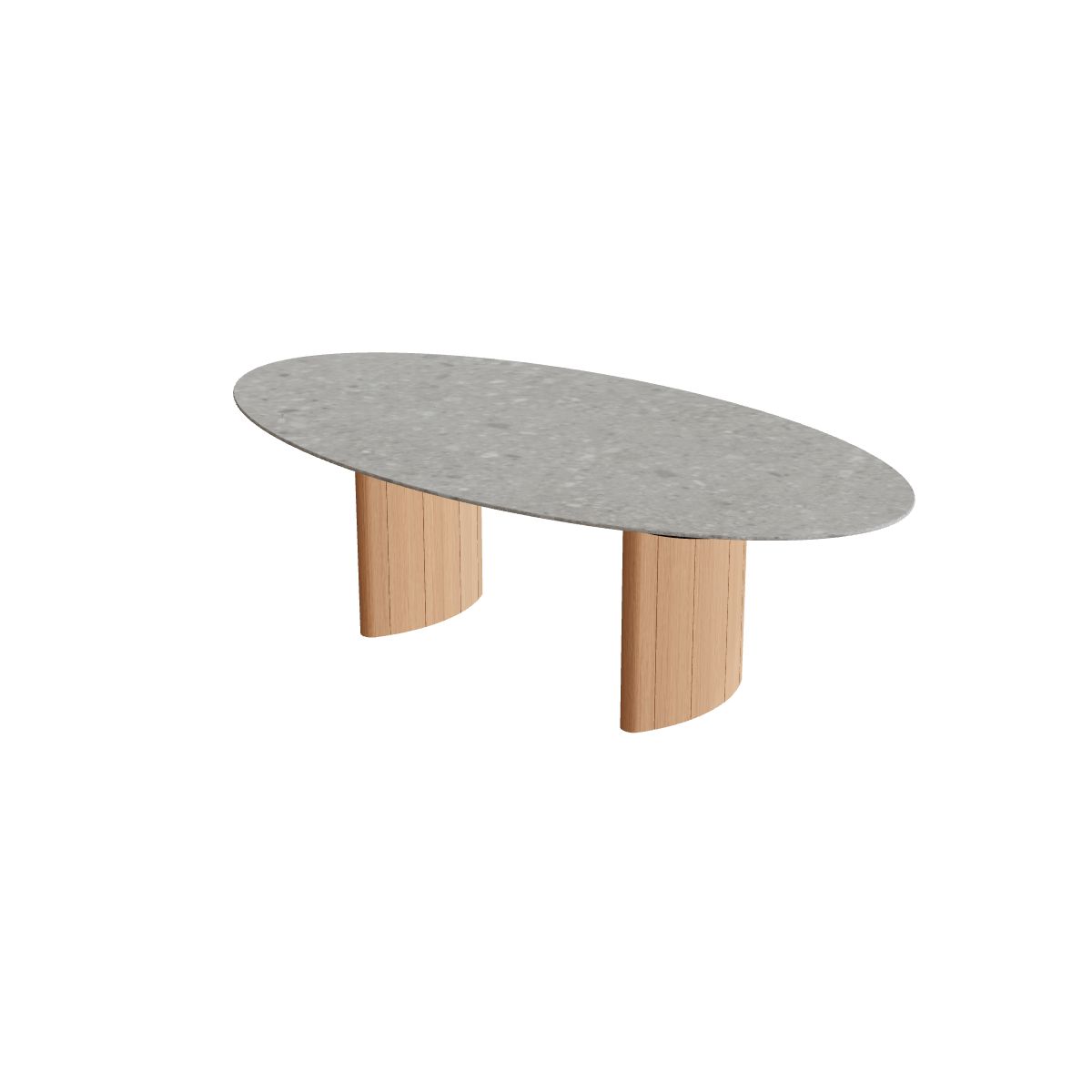 Royal Botania Regaliz Tisch Ellipse 250 x 130 cm, Esstisch, Fuß Teak, Keramik grau gemustert (Ceppo Dolomitica)