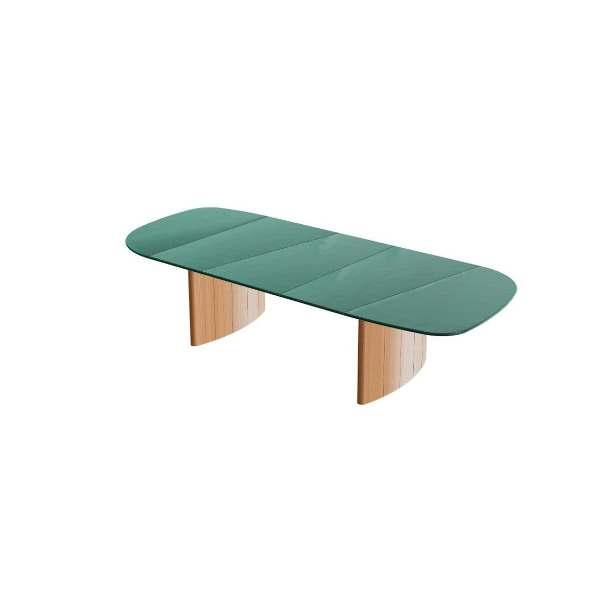 Royal Botania Regaliz Segmenttisch 310 x 130 cm – niedriger Esstisch, H 67 cm · Teak geölt · Glas Ondula verde