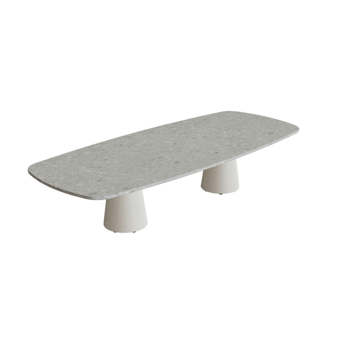 Royal Botania Conix Tisch 300 x 120 cm – niedriger Esstisch, H 67 cm · Sockel sand (desert) · Keramik grau gemustert (Ceppo Dolomitica)