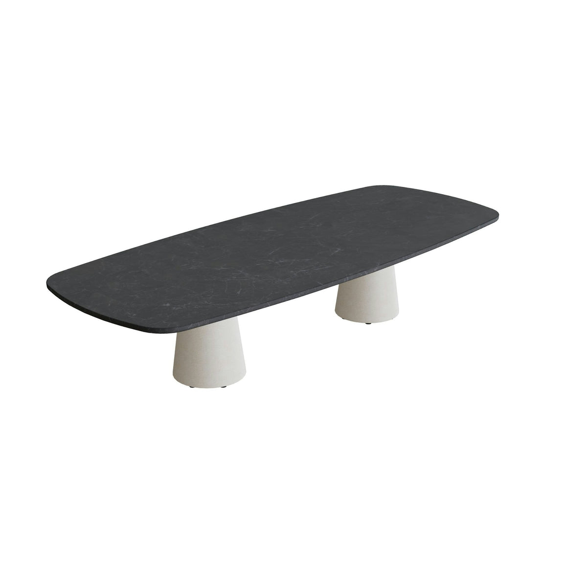 Royal Botania Conix Tisch 300 x 120 cm – niedriger Esstisch, H 67 cm · Sockel sand (desert) · Keramik schwarz geädert (Nero Marquina)