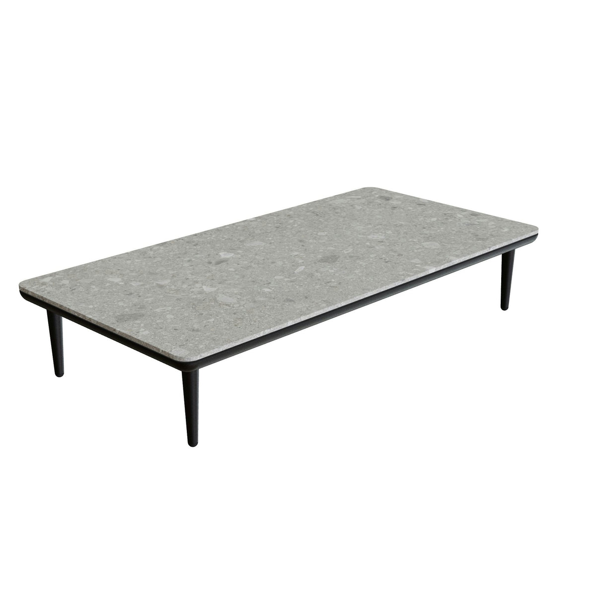 Royal Botania Styletto Lounge Tisch 144 x 72 cm – bronze · Keramik grau gemustert (Ceppo Dolomitica)