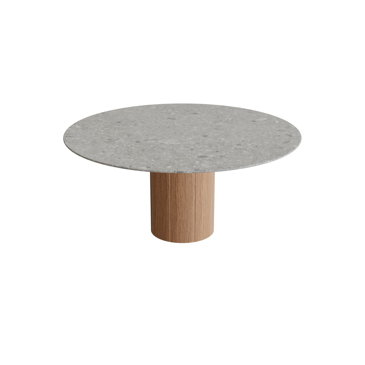 Royal Botania Regaliz Tisch rund 160 cm, Esstisch, Fuß Teak, Keramik grau gemustert (Ceppo Dolomitica)