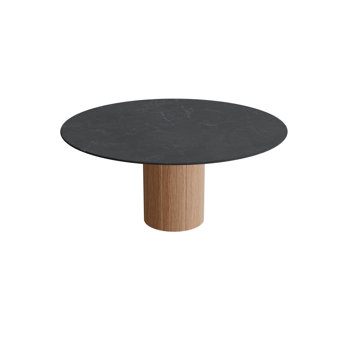 Royal Botania Regaliz Tisch rund 160 cm, Esstisch, Fuß Teak, Keramik schwarz geädert (Nero Marquina)
