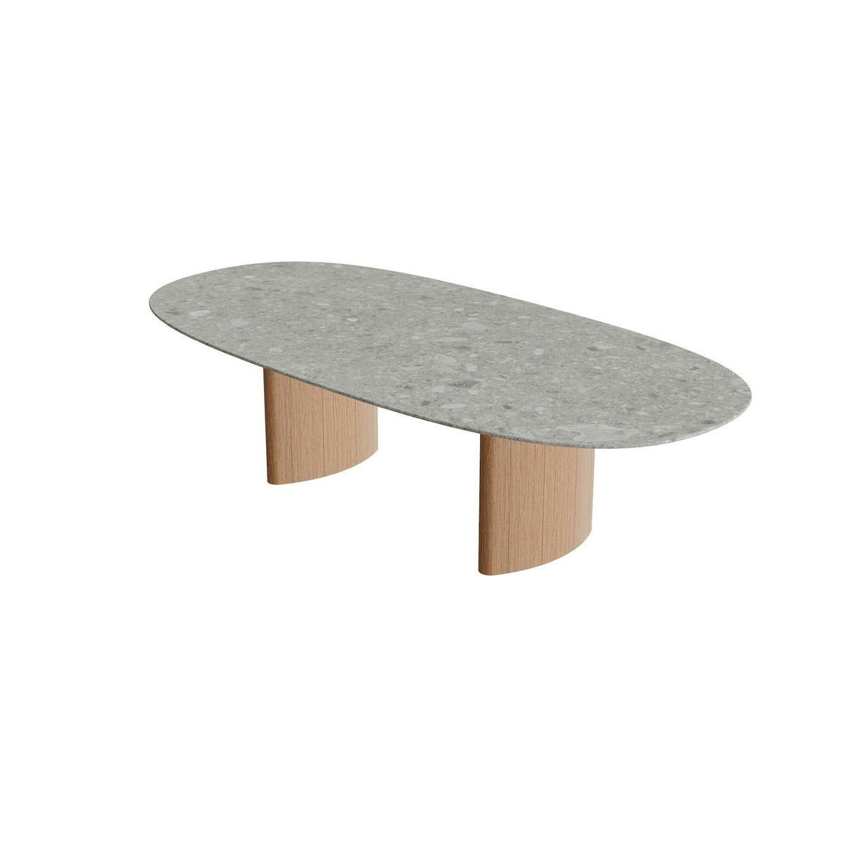 Royal Botania Regaliz Tisch Super-Ellipse 250 x 120 cm – niedriger Esstisch, H 67 cm · Teak · Keramik grau gemustert (Ceppo Dolomitica)