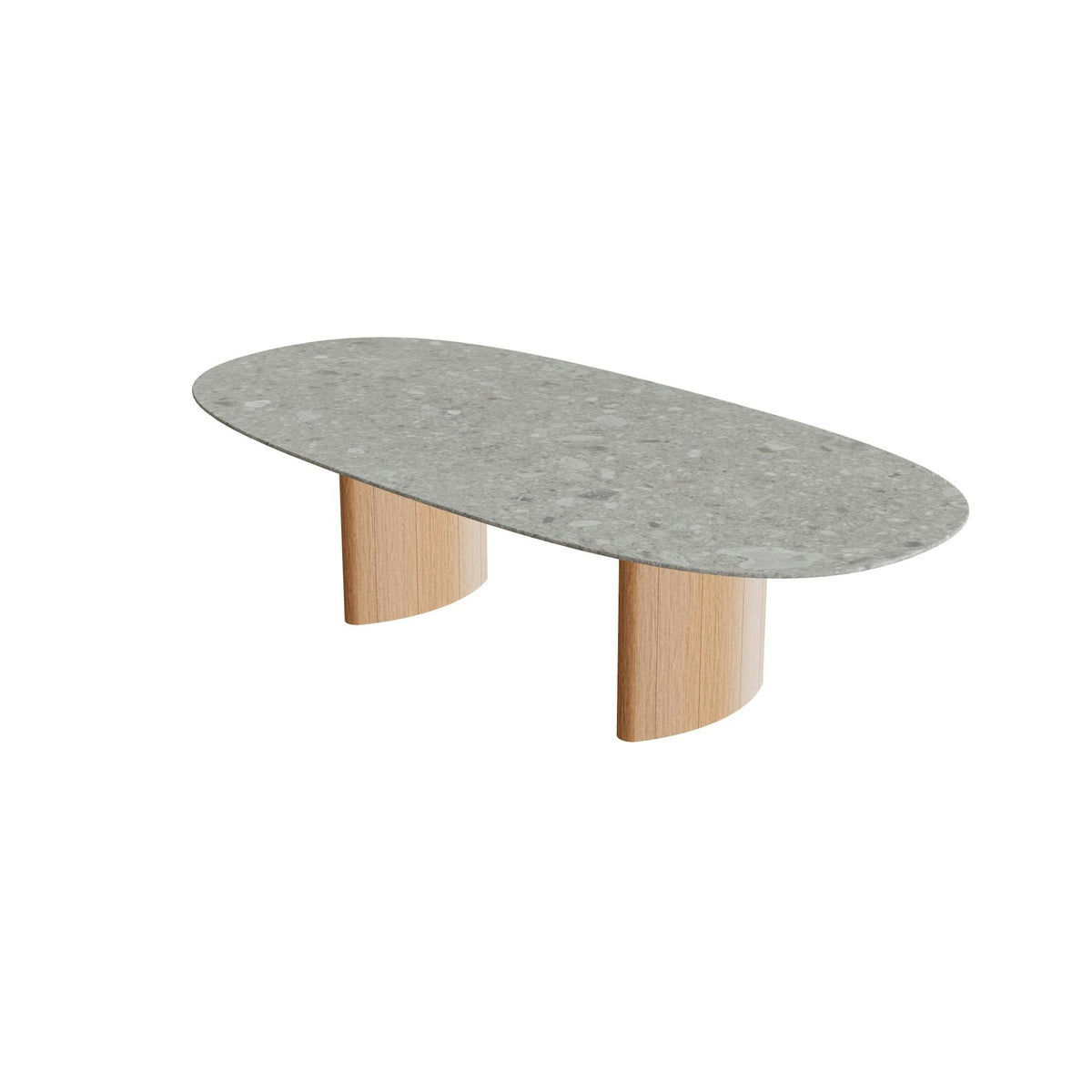 Royal Botania Regaliz Tisch Super-Ellipse 250 x 120 cm – niedriger Esstisch, H 67 cm · Teak geölt · Keramik grau gemustert (Ceppo Dolomitica)
