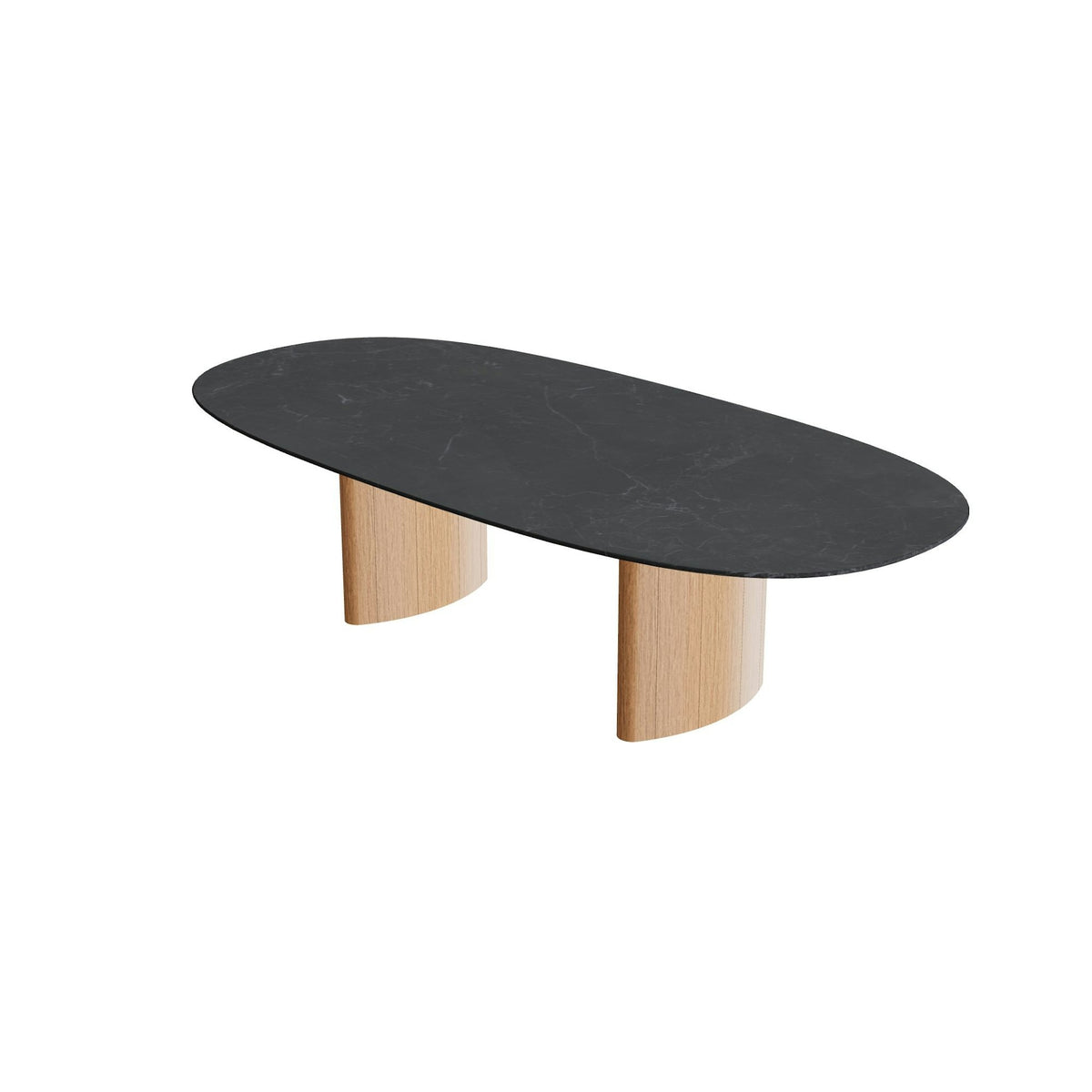 Royal Botania Regaliz Tisch Super-Ellipse 250 x 120 cm – niedriger Esstisch, H 67 cm · Teak geölt · Keramik schwarz geädert (Nero Marquina)