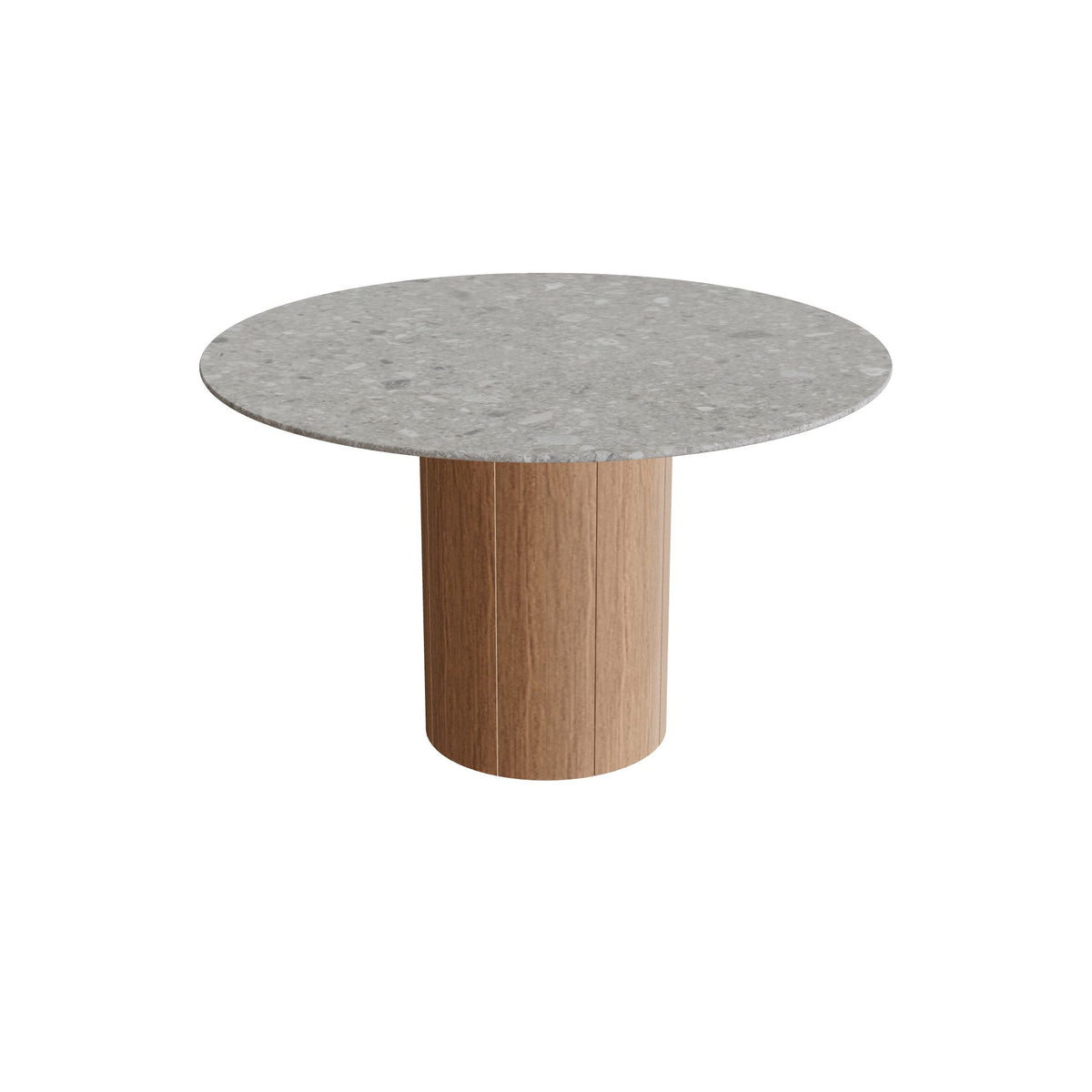 Royal Botania Regaliz Tisch rund 120 cm, Esstisch, Fuß Teak, Keramik grau gemustert (Ceppo Dolomitica)