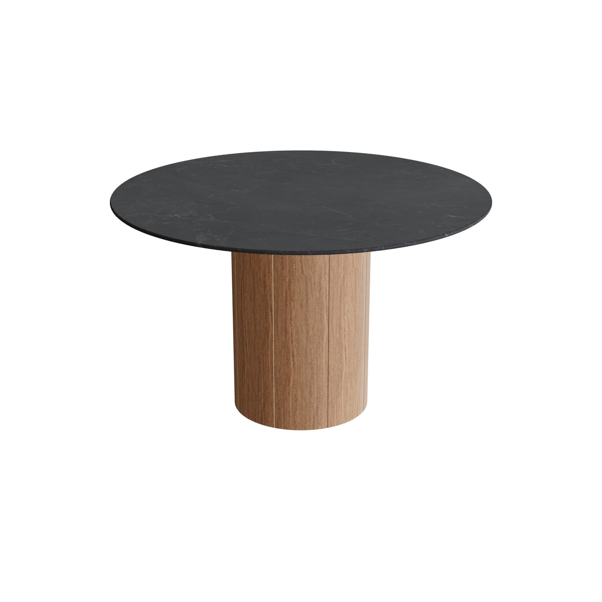Royal Botania Regaliz Tisch rund 120 cm, Esstisch, Fuß Teak, Keramik schwarz geädert (Nero Marquina)
