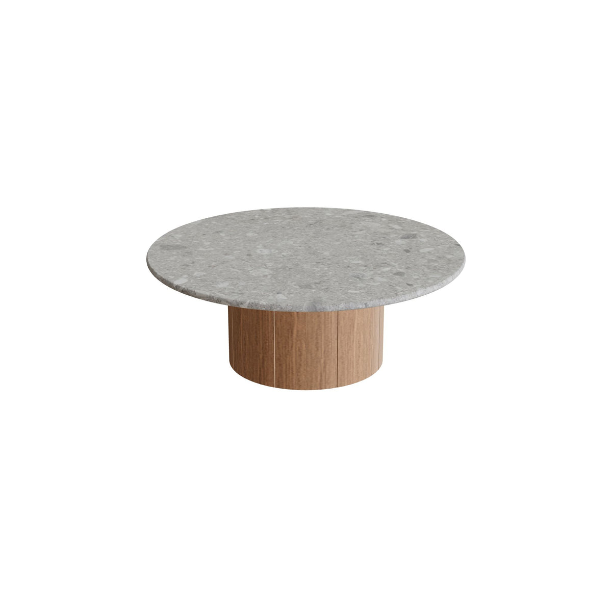 Royal Botania Regaliz Tisch rund 90 cm, Loungetisch, Fuß Teak, Keramik grau gemustert (Ceppo Dolomitica)
