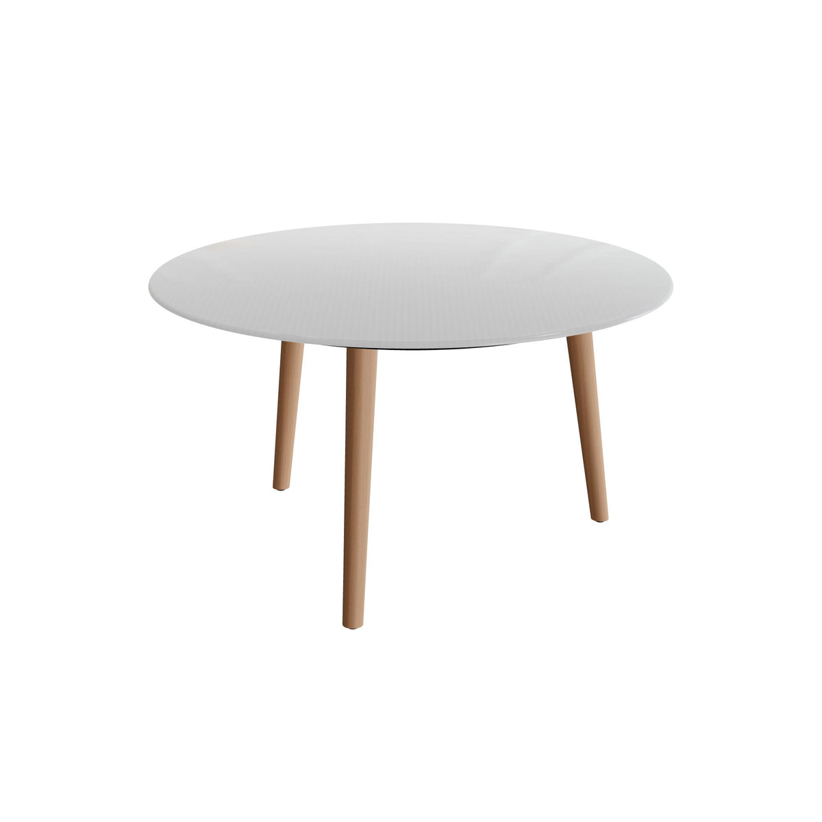 Royal Botania Styletto Low-Dining-Tisch rund 120 cm, Teakbeine, Glas Ondula pebble