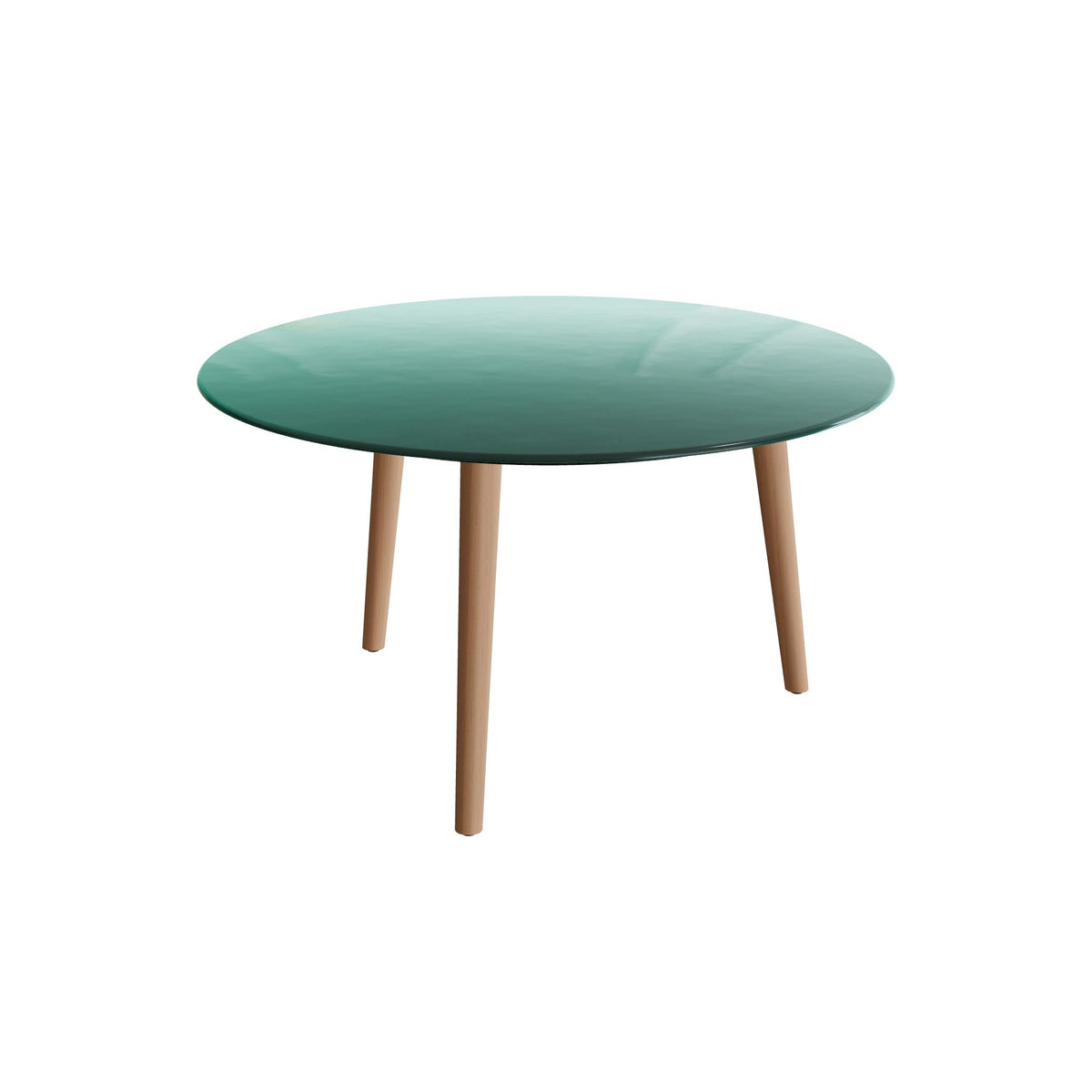 Royal Botania Styletto Low-Dining-Tisch rund 120 cm, Teakbeine, Glas Ondula verde