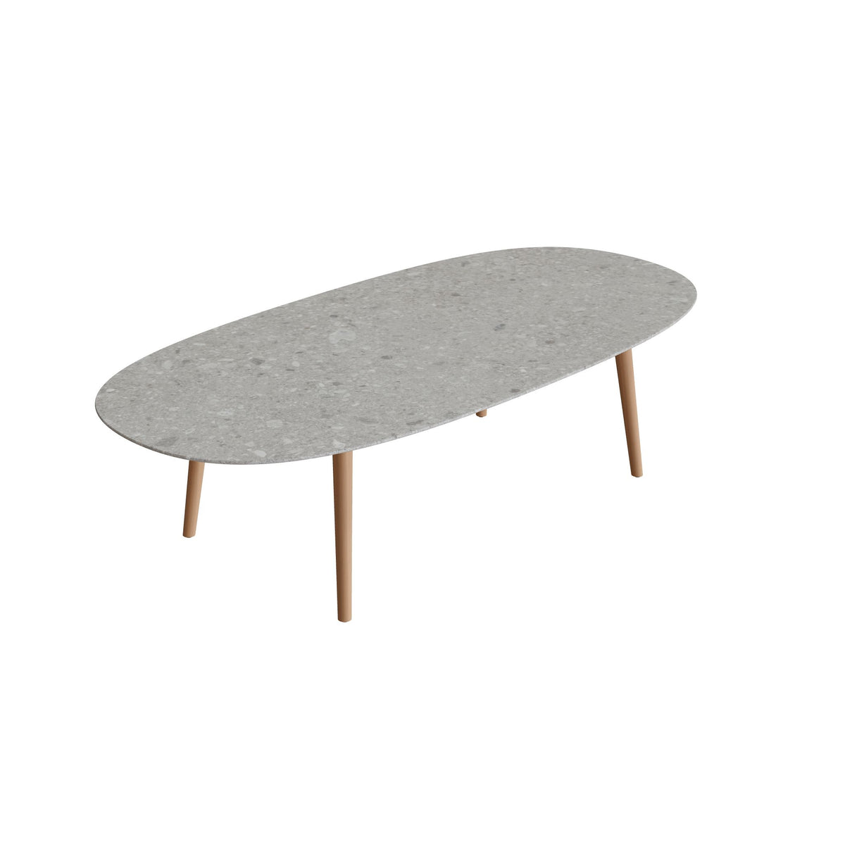 Royal Botania Styletto Low-Dining-Tisch Super-Ellipse 250 x 120 cm, Teakbeine, Keramik grau gemustert (Ceppo Dolomitica)