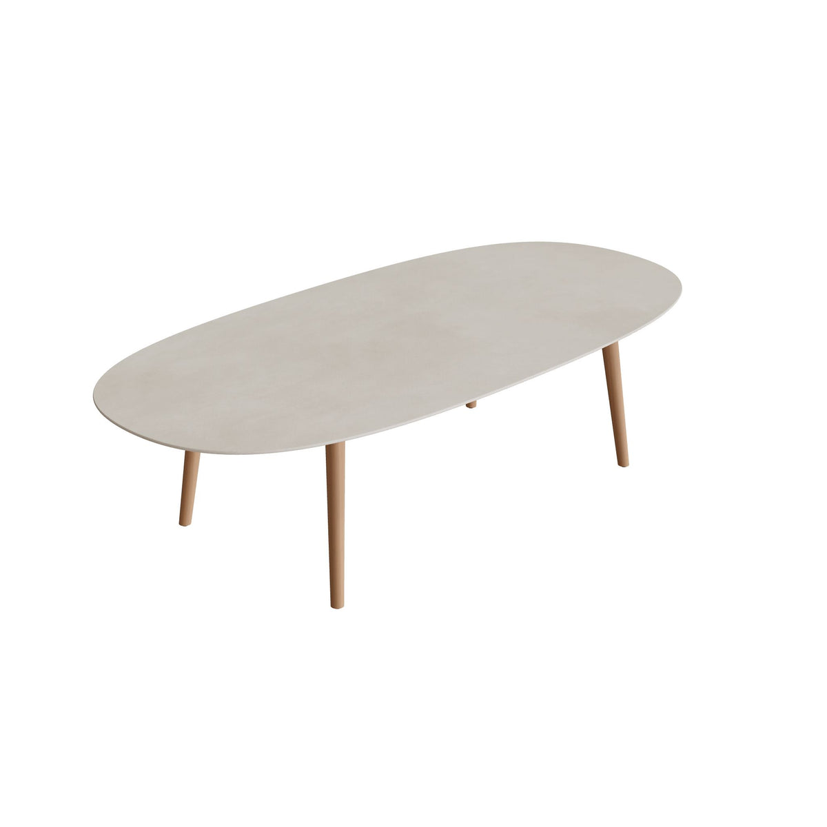 Royal Botania Styletto Low-Dining-Tisch Super-Ellipse 250 x 120 cm, Teakbeine, Keramik zementgrau (Cemento Luminoso)