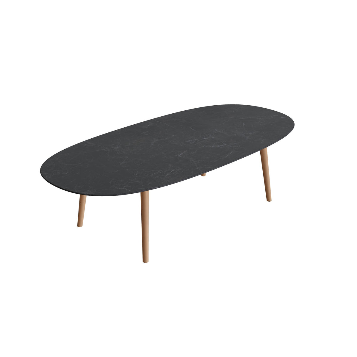 Royal Botania Styletto Low-Dining-Tisch Super-Ellipse 250 x 120 cm, Teakbeine, Keramik schwarz geädert (Nero Marquina)