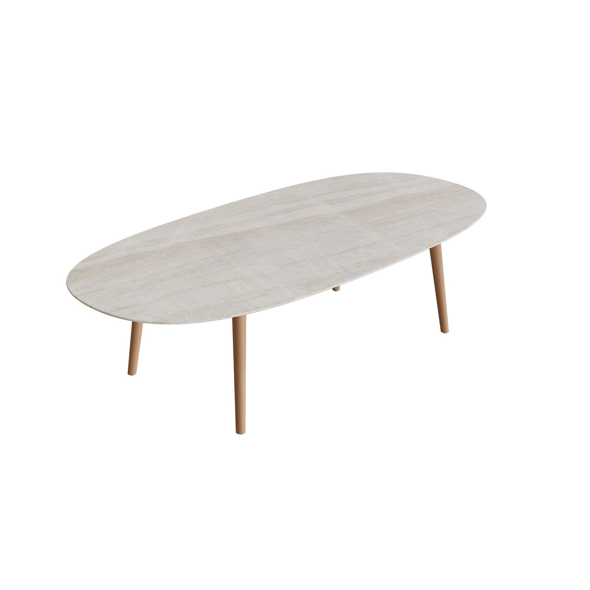 Royal Botania Styletto Low-Dining-Tisch Super-Ellipse 250 x 120 cm, Teakbeine, Keramik grau-braun geädert (Strato Quartz)